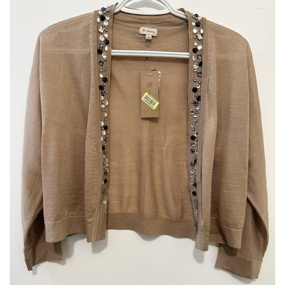 Sweaters - Crémieux Embellished Open Front Cropped Cardigan L Tan Wool Blend Rhinestones